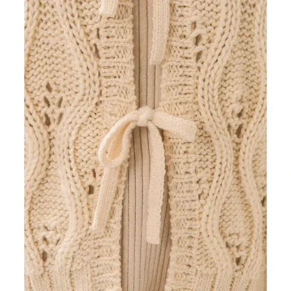 FREAK'S STORE Cream Cable Knit Open Front Tie Front Cardigan Sweater - Picture 3 of 9